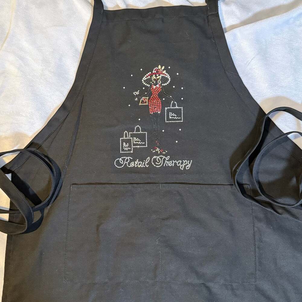 Kaufman Black Apron with 'Retail Therapy' Rhinestone Graphic